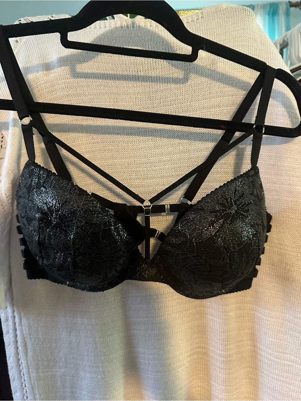 Victoria's Secret Black Lace Strappy Push-Up Bra with Decorative Front Straps